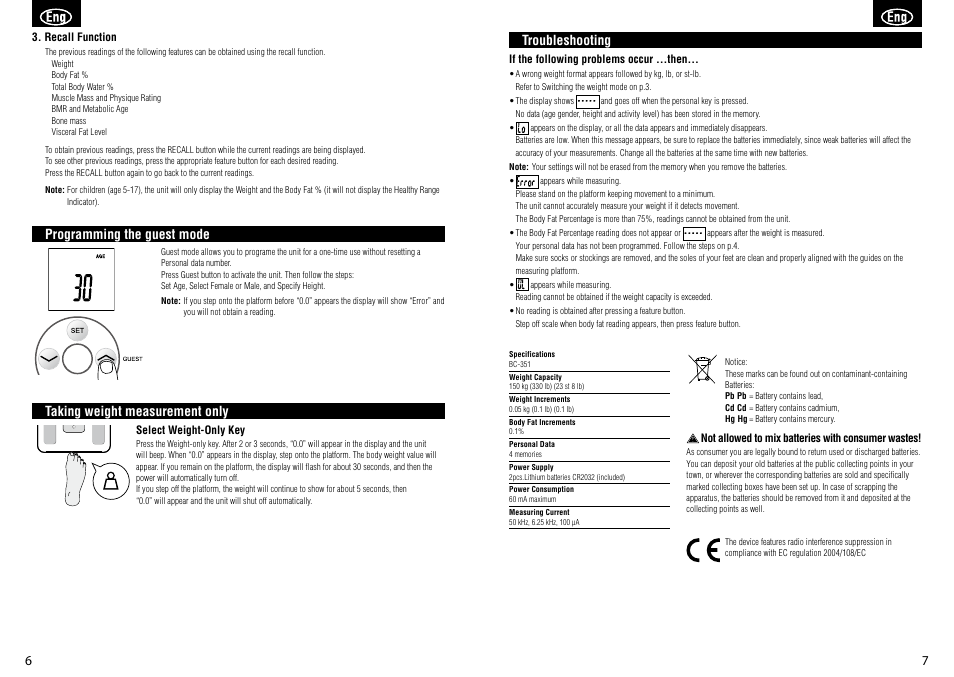 Taking weight measurement only, Programming the guest mode troubleshooting | Tanita BC-351 User Manual | Page 5 / 27