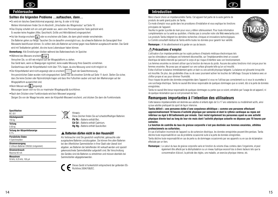 Tanita BC-351 User Manual | Page 9 / 27