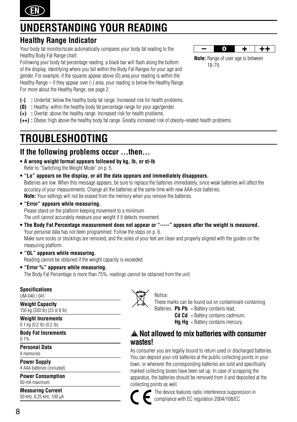 Troubleshooting understanding your reading, If the following problems occur …then, Healthy range indicator | Not allowed to mix batteries with consumer wastes | Tanita UM-041 User Manual | Page 10 / 68