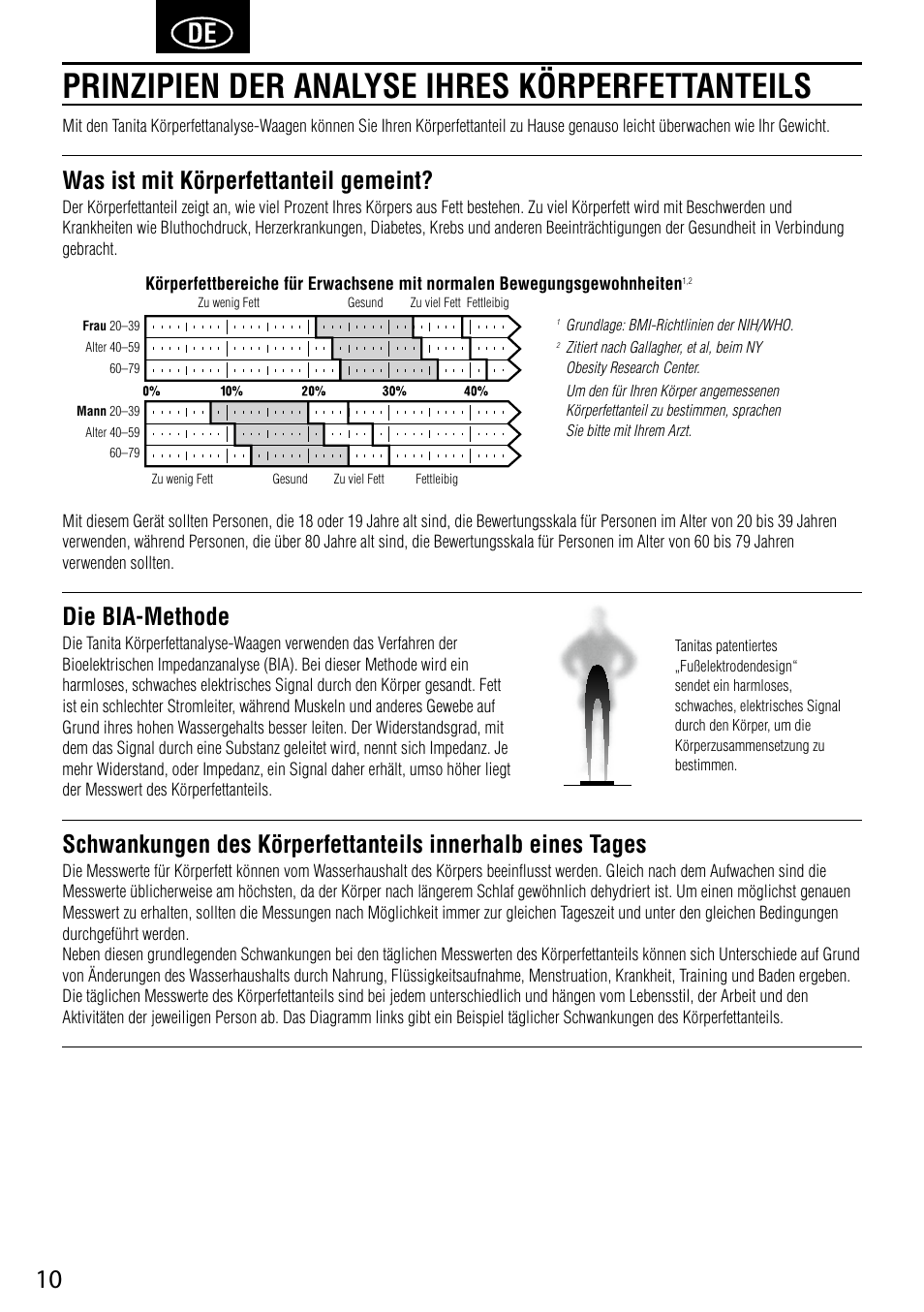 Prinzipien der analyse ihres körperfettanteils, Was ist mit körperfettanteil gemeint, Die bia-methode | Tanita UM-041 User Manual | Page 12 / 68