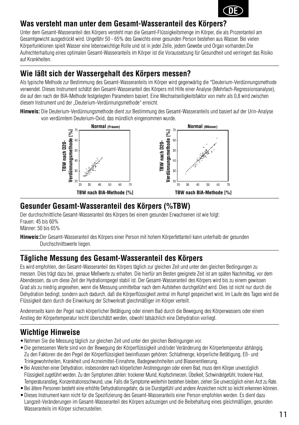 Wie läßt sich der wassergehalt des körpers messen, Gesunder gesamt-wasseranteil des körpers (%tbw), Wichtige hinweise | Tanita UM-041 User Manual | Page 13 / 68