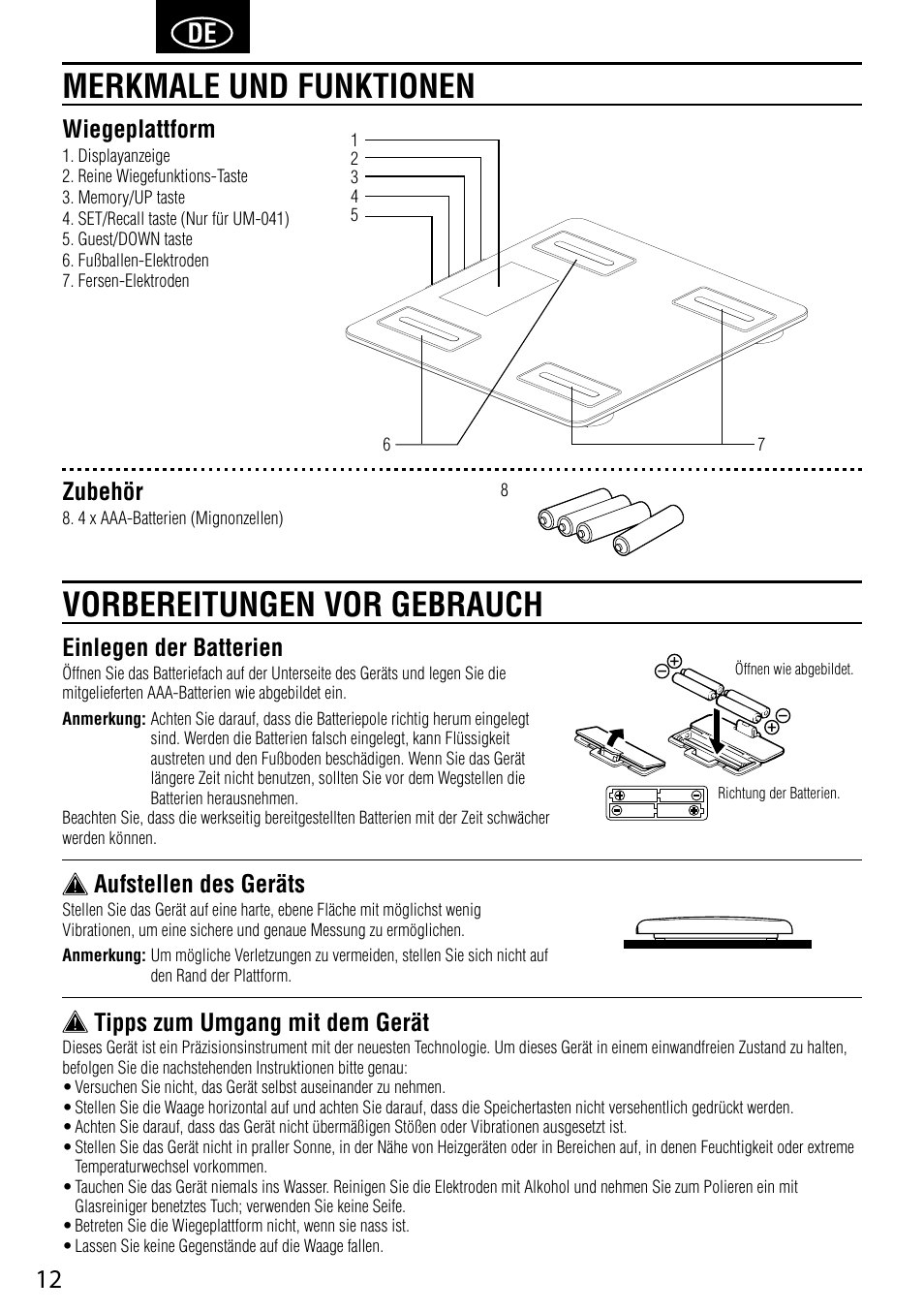 Einlegen der batterien, Aufstellen des geräts, Tipps zum umgang mit dem gerät | Wiegeplattform, Zubehör | Tanita UM-041 User Manual | Page 14 / 68