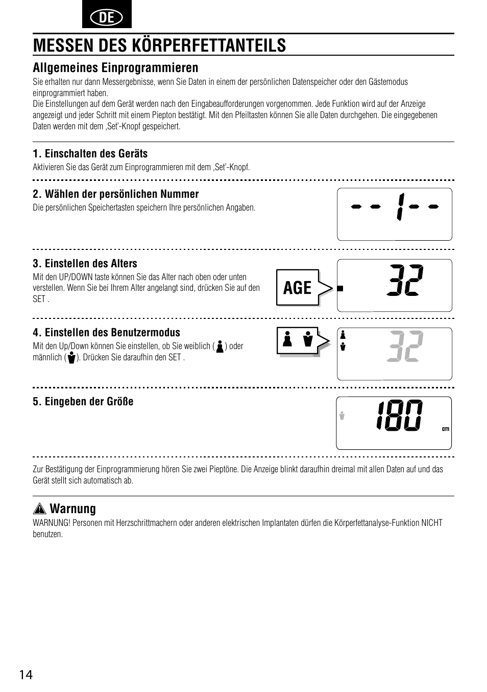 Messen des körperfettanteils, Allgemeines einprogrammieren, Warnung | Tanita UM-041 User Manual | Page 16 / 68