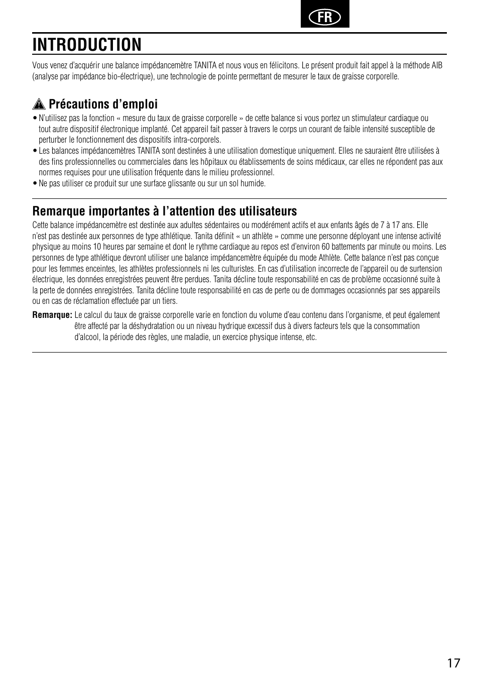 Introduction, Précautions d’emploi | Tanita UM-041 User Manual | Page 19 / 68