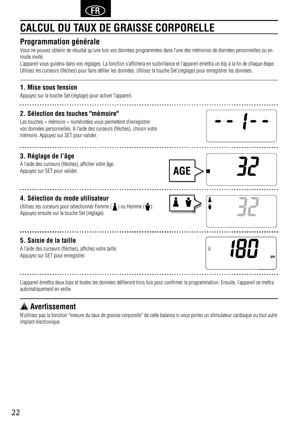 Calcul du taux de graisse corporelle, Programmation générale, Avertissement | Tanita UM-041 User Manual | Page 24 / 68