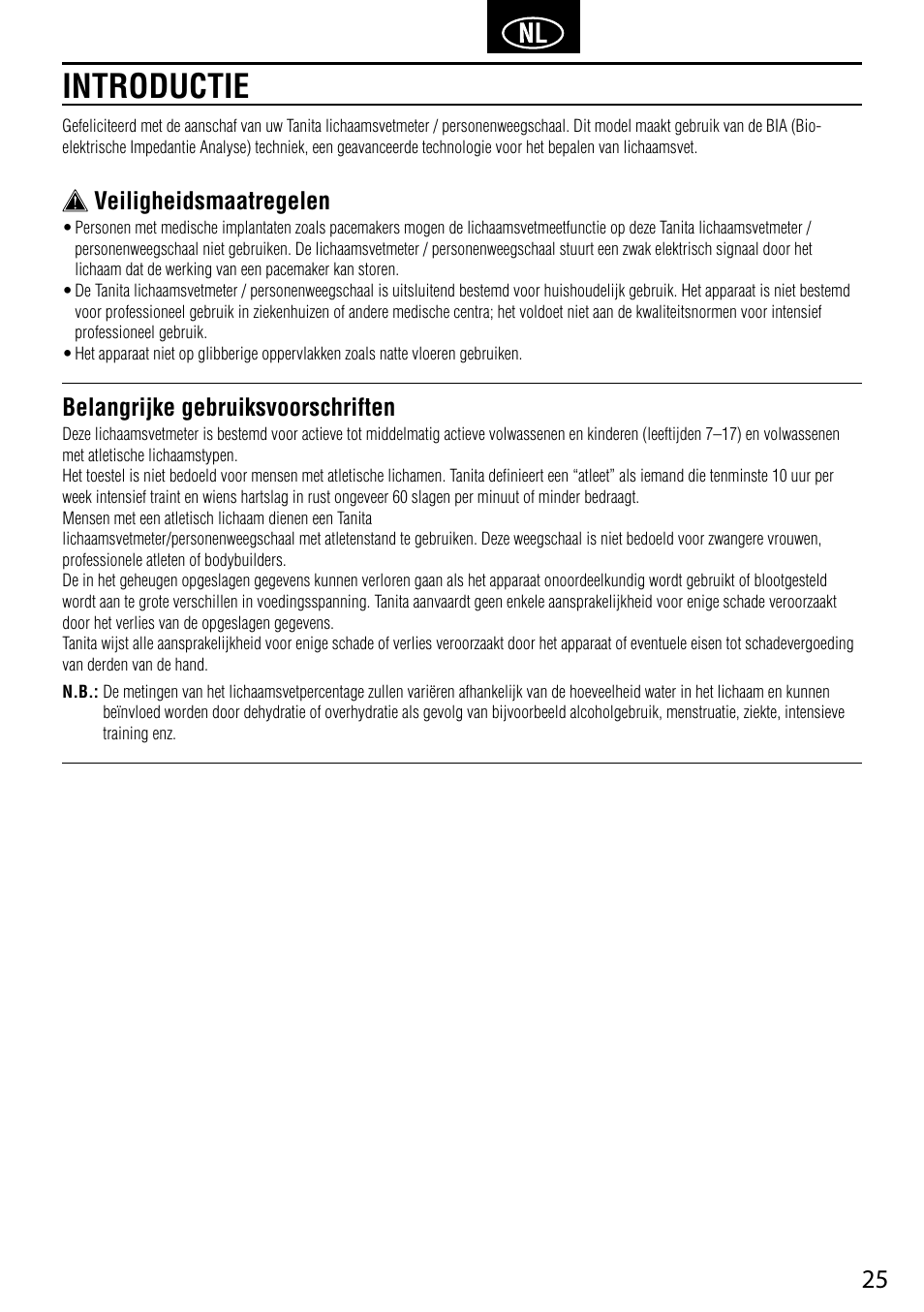 Introductie, Veiligheidsmaatregelen, Belangrijke gebruiksvoorschriften | Tanita UM-041 User Manual | Page 27 / 68