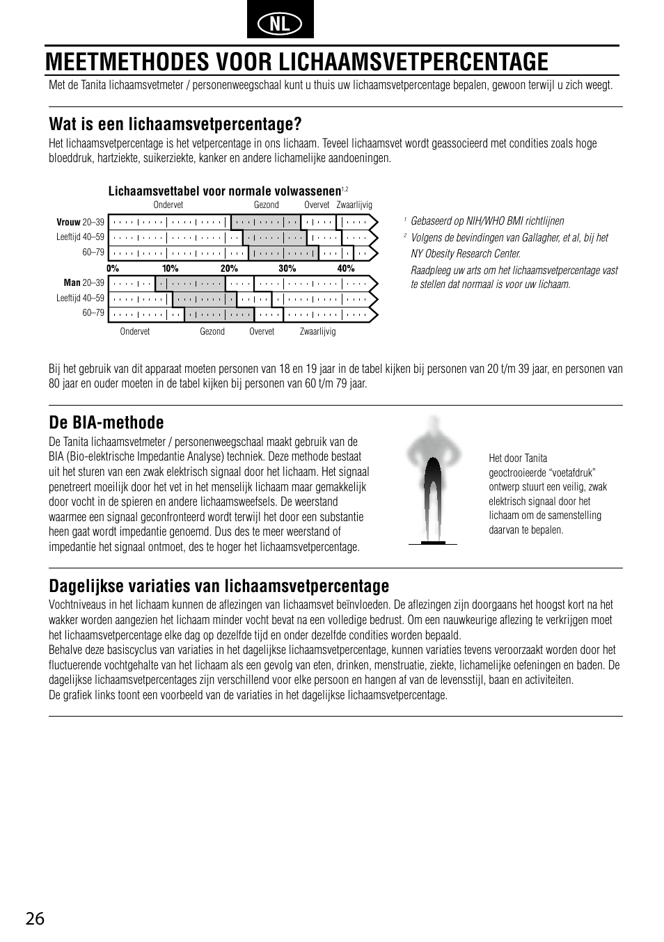 Meetmethodes voor lichaamsvetpercentage, Wat is een lichaamsvetpercentage, De bia-methode | Dagelijkse variaties van lichaamsvetpercentage | Tanita UM-041 User Manual | Page 28 / 68