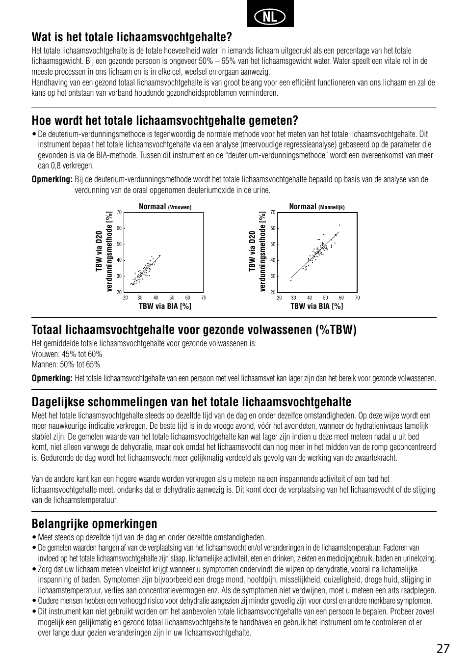 Wat is het totale lichaamsvochtgehalte, Hoe wordt het totale lichaamsvochtgehalte gemeten, Belangrijke opmerkingen | Tanita UM-041 User Manual | Page 29 / 68