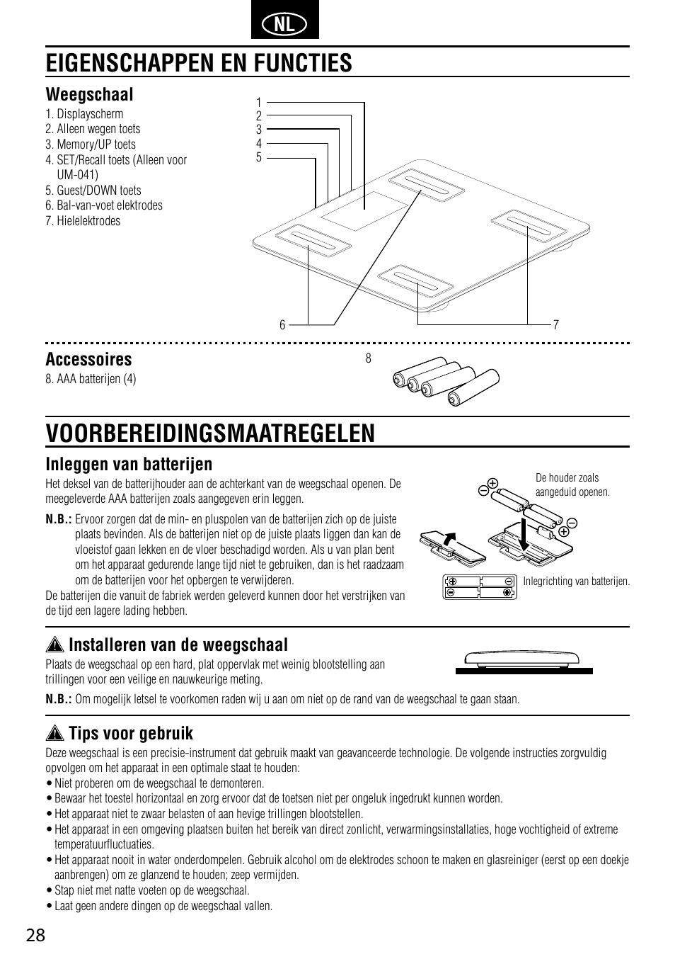 Inleggen van batterijen, Installeren van de weegschaal, Tips voor gebruik | Weegschaal, Accessoires | Tanita UM-041 User Manual | Page 30 / 68