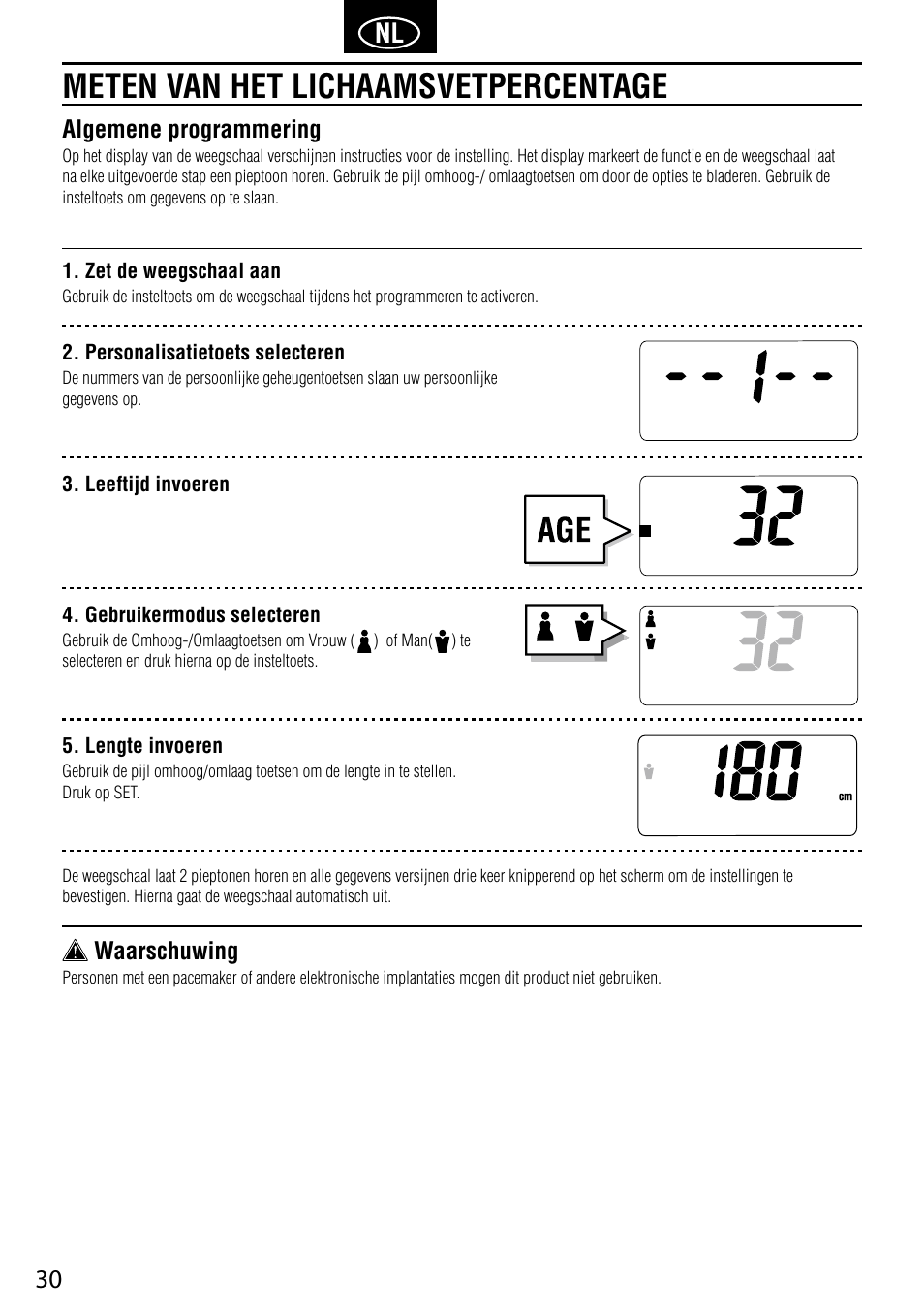 Meten van het lichaamsvetpercentage, Algemene programmering, Waarschuwing | Tanita UM-041 User Manual | Page 32 / 68