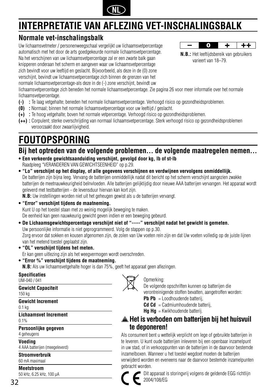 Normale vet-inschalingsbalk | Tanita UM-041 User Manual | Page 34 / 68