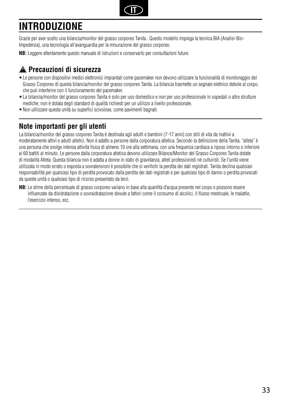 Introduzione, Precauzioni di sicurezza | Tanita UM-041 User Manual | Page 35 / 68