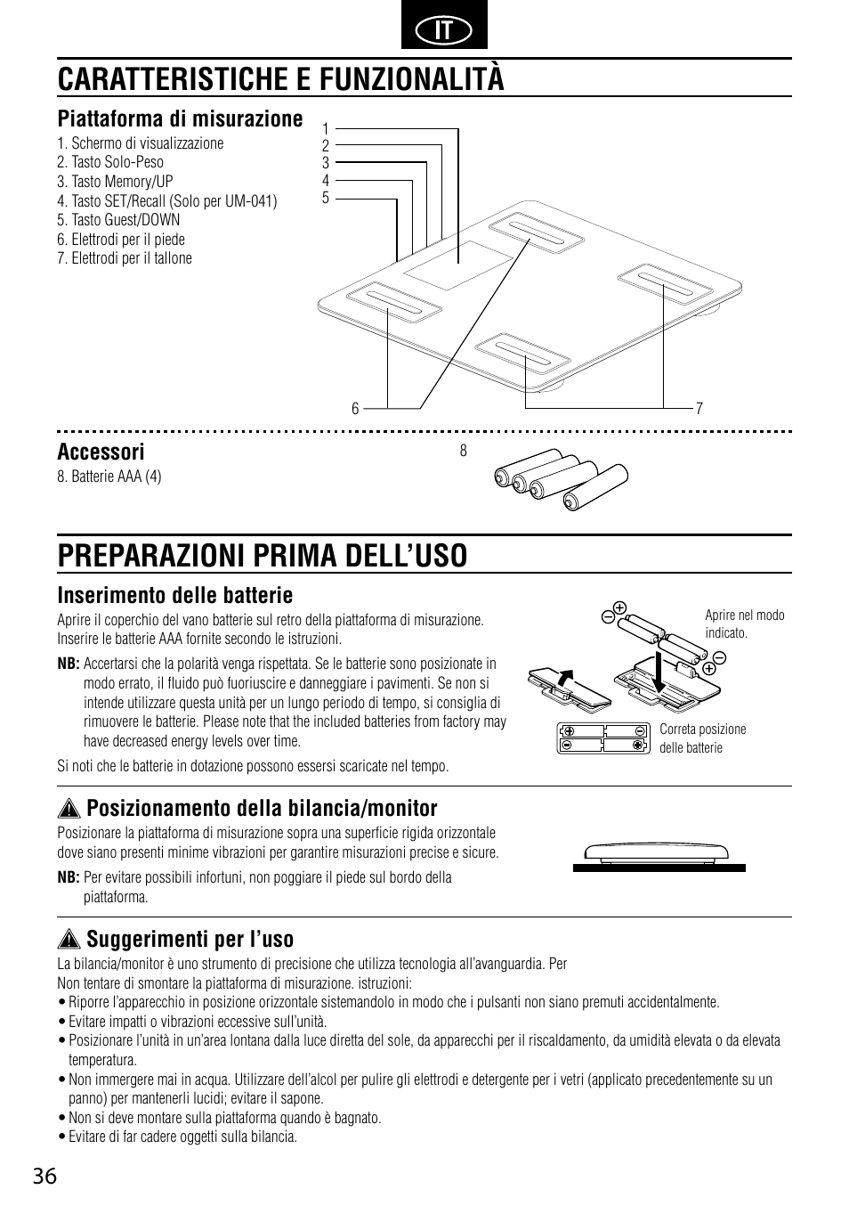 Inserimento delle batterie, Posizionamento della bilancia/monitor, Suggerimenti per l’uso | Piattaforma di misurazione, Accessori | Tanita UM-041 User Manual | Page 38 / 68