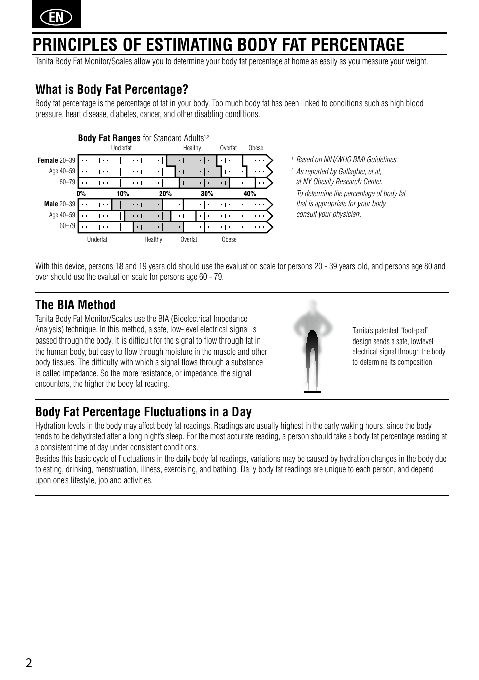 Principles of estimating body fat percentage, What is body fat percentage, The bia method | Body fat percentage fluctuations in a day | Tanita UM-041 User Manual | Page 4 / 68