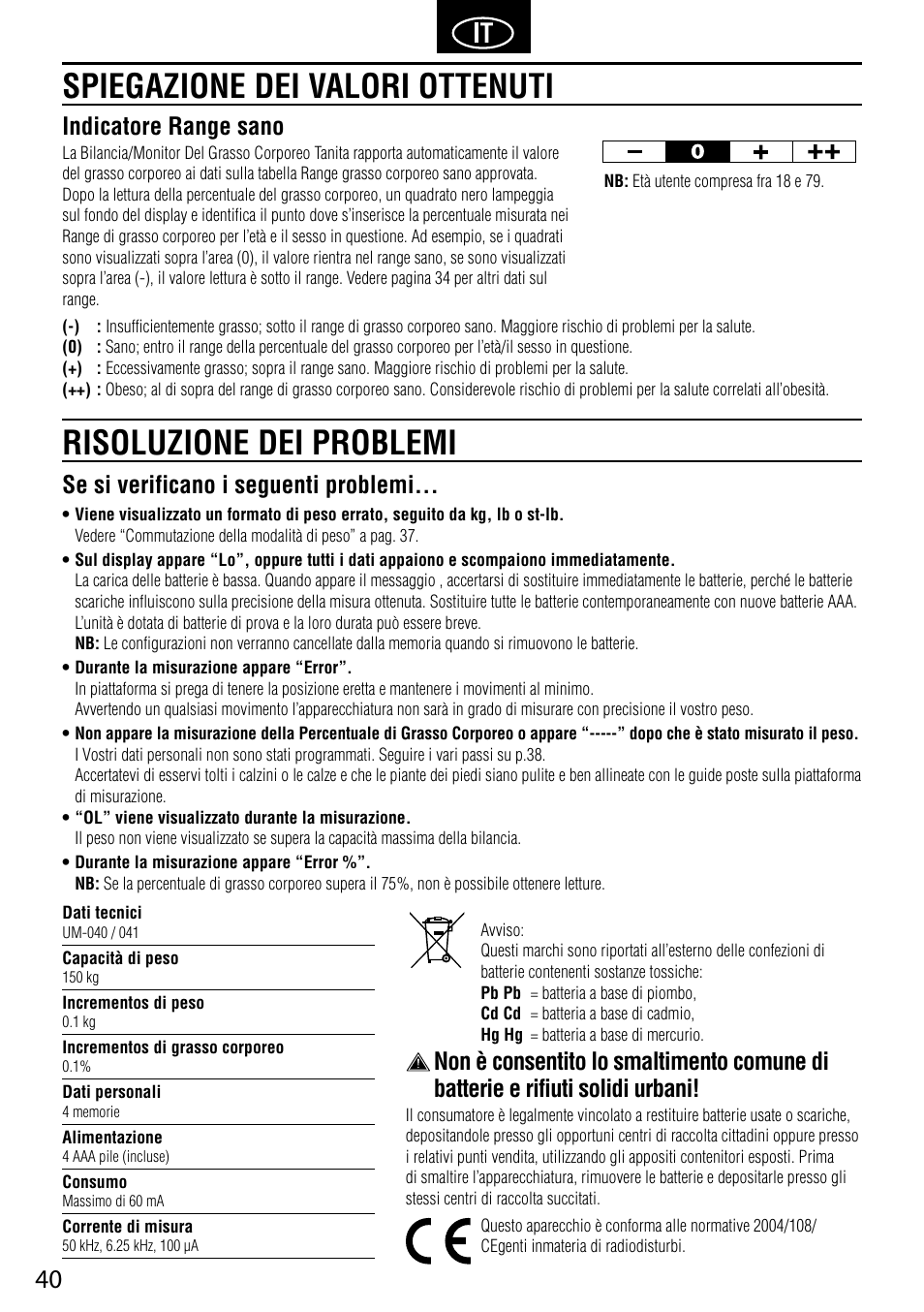 Se si verificano i seguenti problemi, Indicatore range sano | Tanita UM-041 User Manual | Page 42 / 68