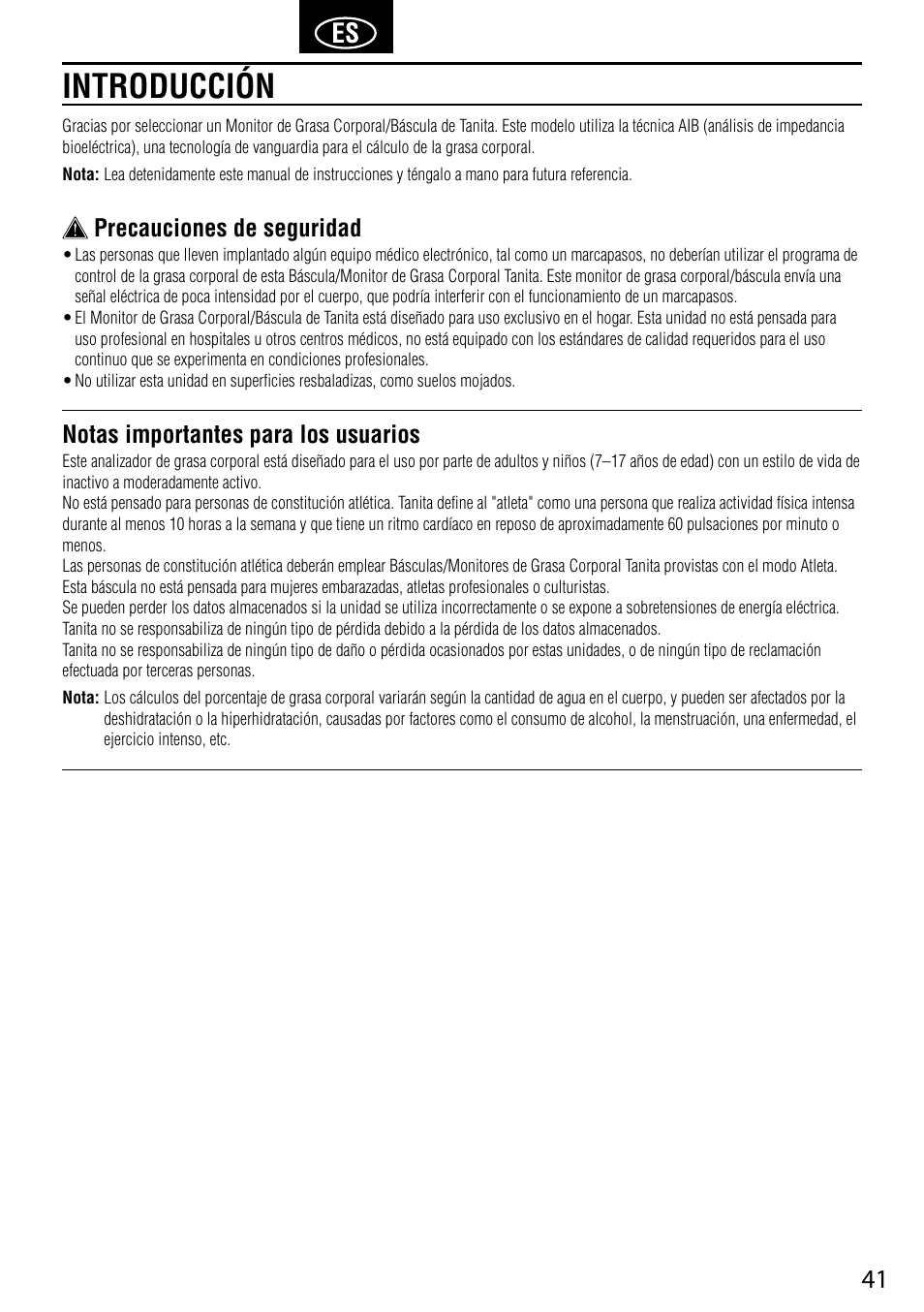 Introducción, Precauciones de seguridad, Notas importantes para los usuarios | Tanita UM-041 User Manual | Page 43 / 68