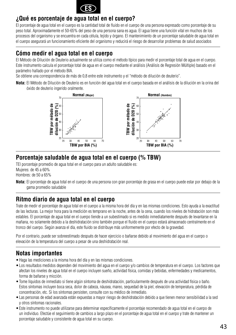 Qué es porcentaje de agua total en el cuerpo, Cómo medir el agua total en el cuerpo, Ritmo diario de agua total en el cuerpo | Notas importantes | Tanita UM-041 User Manual | Page 45 / 68