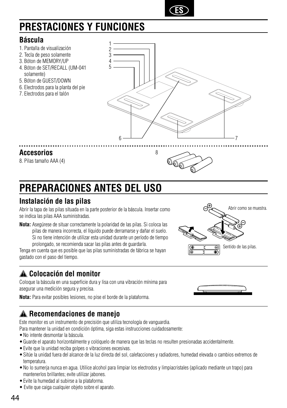 Instalación de las pilas, Colocación del monitor, Recomendaciones de manejo | Báscula, Accesorios | Tanita UM-041 User Manual | Page 46 / 68