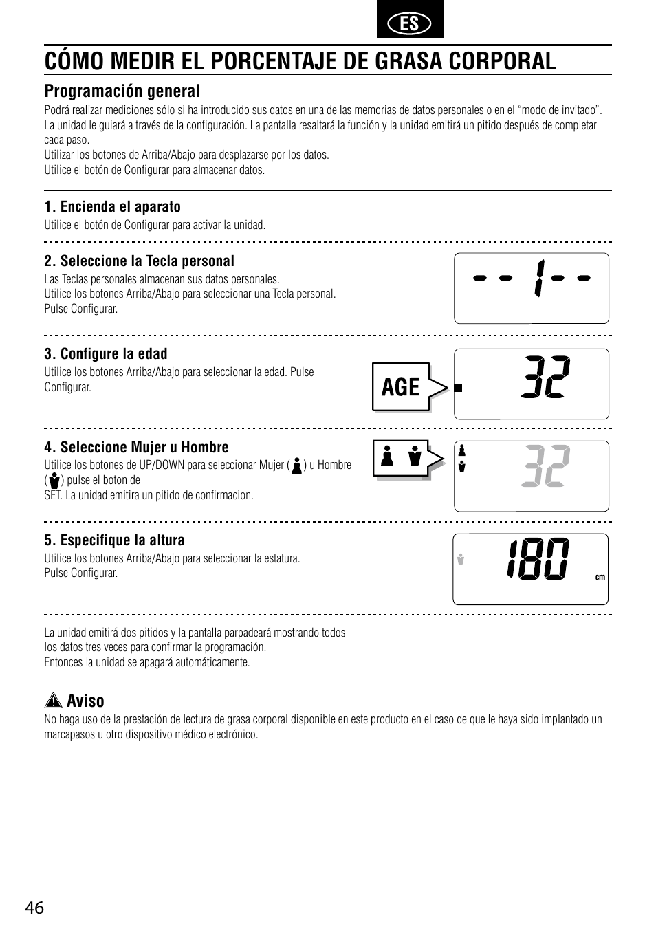 Cómo medir el porcentaje de grasa corporal, Programación general, Aviso | Tanita UM-041 User Manual | Page 48 / 68