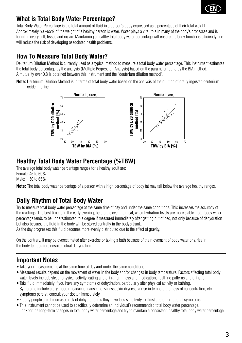 What is total body water percentage, How to measure total body water, Healthy total body water percentage (%tbw) | Daily rhythm of total body water | Tanita UM-041 User Manual | Page 5 / 68