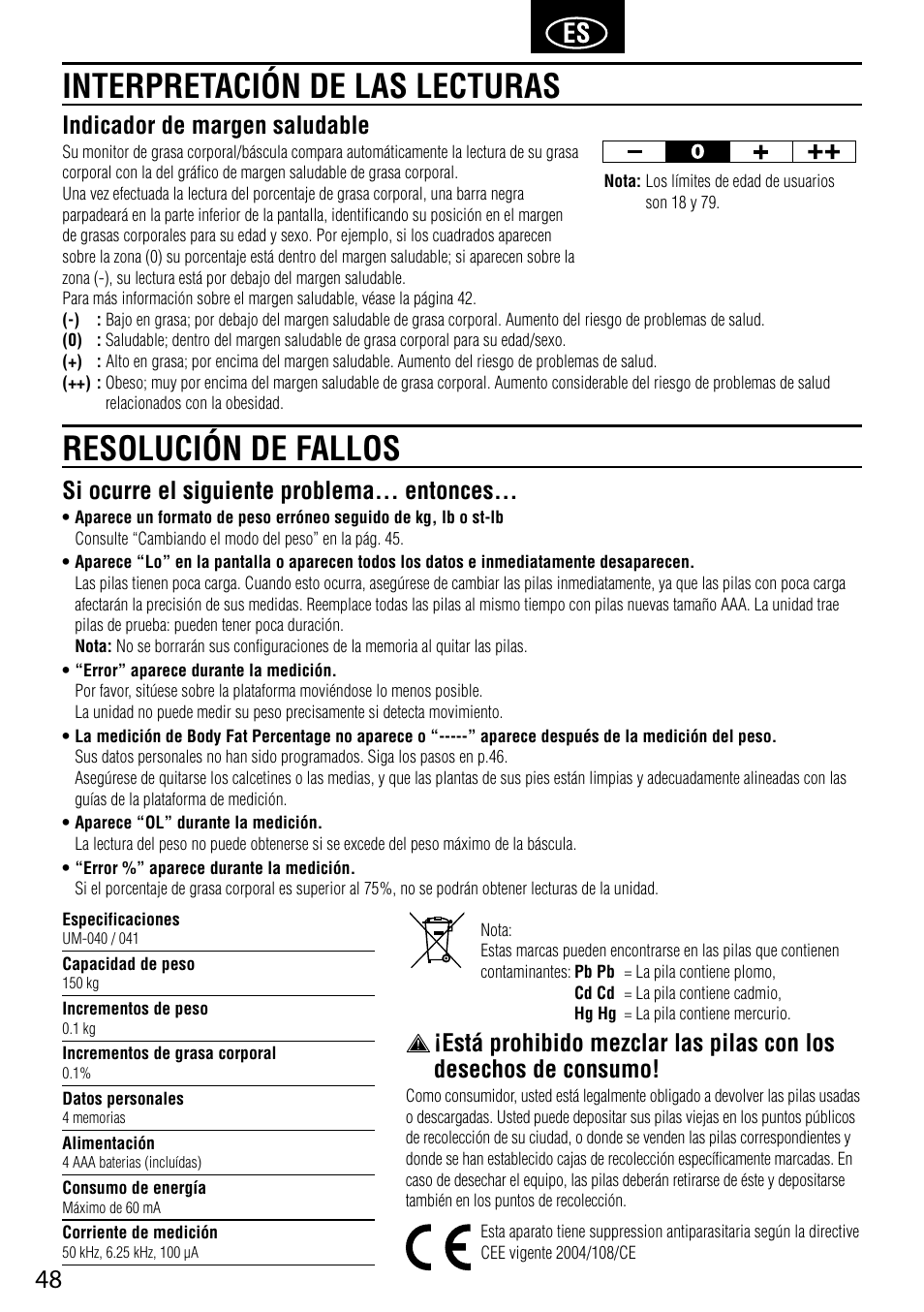 Si ocurre el siguiente problema... entonces, Indicador de margen saludable | Tanita UM-041 User Manual | Page 50 / 68