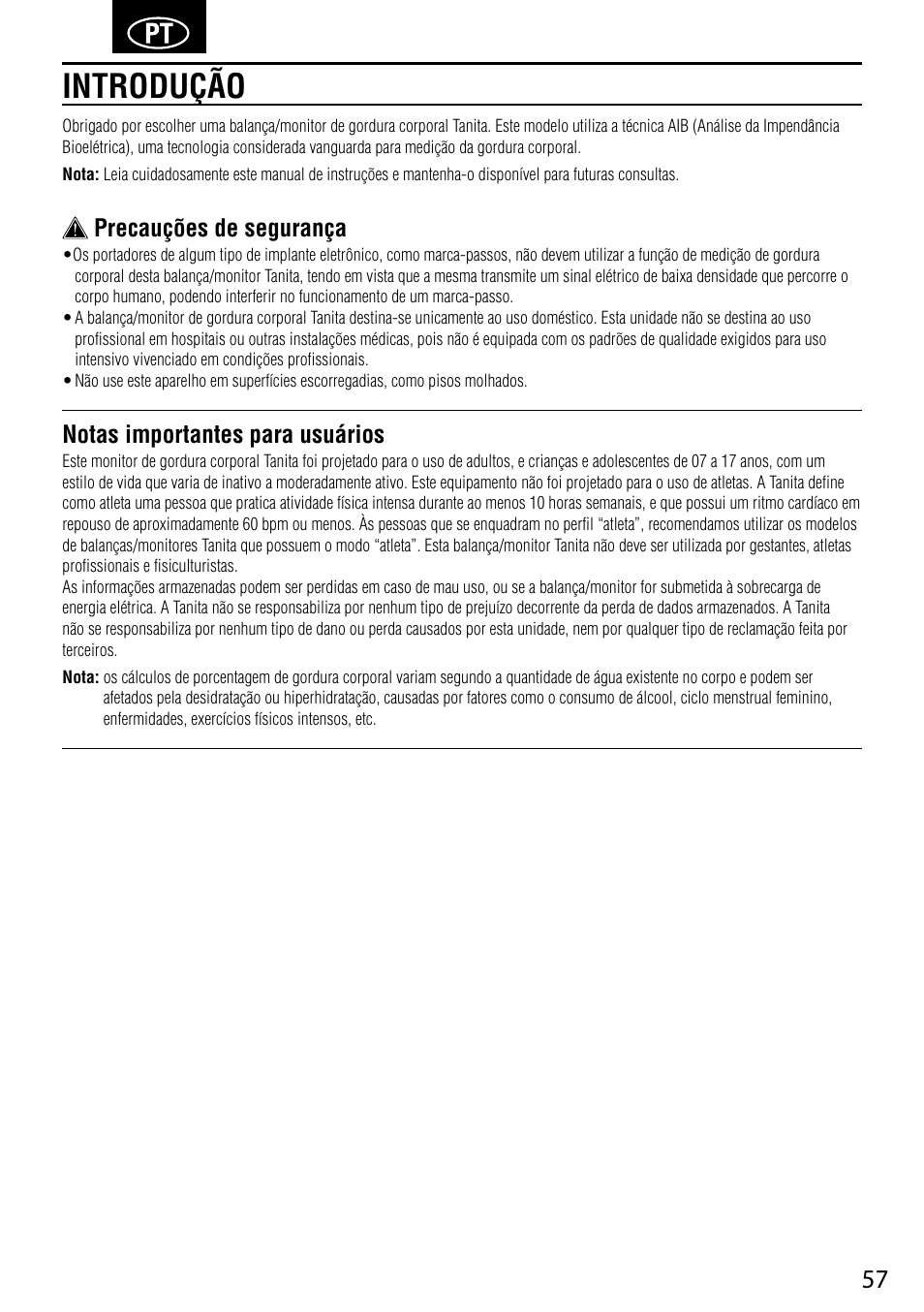 Introdução, Precauções de segurança, Notas importantes para usuários | Tanita UM-041 User Manual | Page 59 / 68