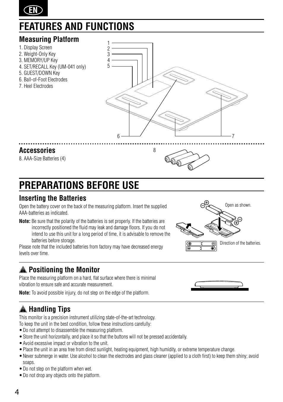 Features and functions preparations before use, Inserting the batteries, Positioning the monitor | Handling tips, Measuring platform, Accessories | Tanita UM-041 User Manual | Page 6 / 68