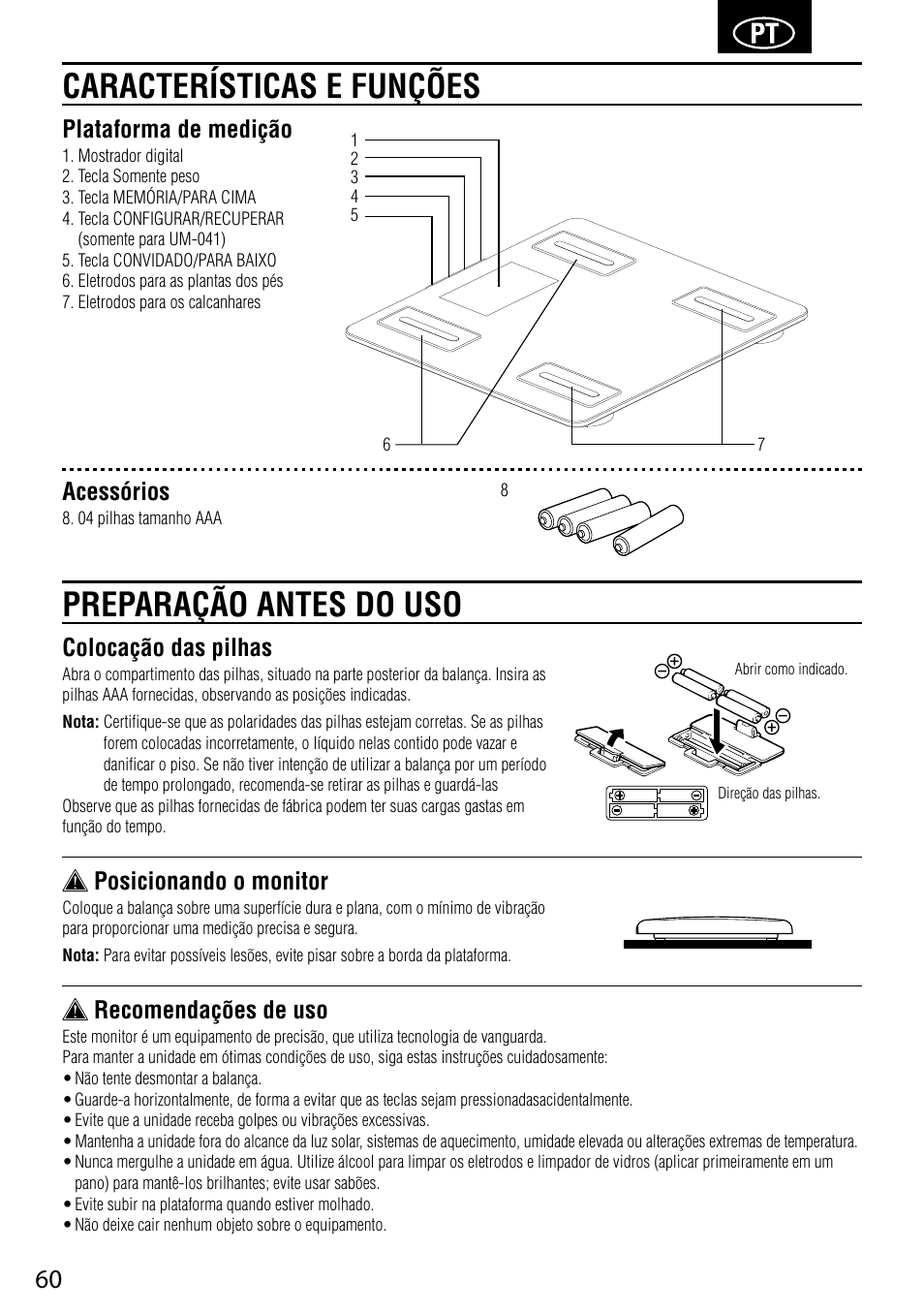 Características e funções preparação antes do uso, Colocação das pilhas, Posicionando o monitor | Recomendações de uso, Plataforma de medição, Acessórios | Tanita UM-041 User Manual | Page 62 / 68