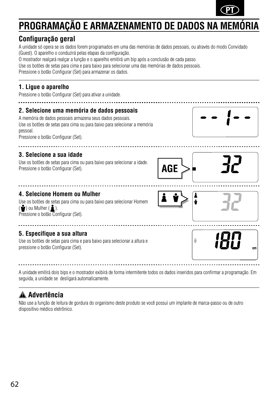 Programação e armazenamento de dados na memória, Configuração geral, Advertência | Tanita UM-041 User Manual | Page 64 / 68