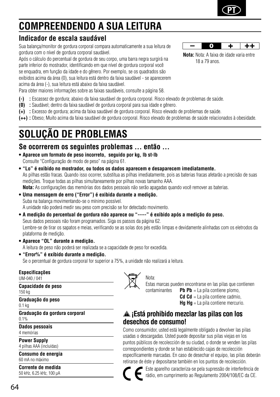 Solução de problemas compreendendo a sua leitura, Se ocorrerem os seguintes problemas ... então, Indicador de escala saudável | Tanita UM-041 User Manual | Page 66 / 68