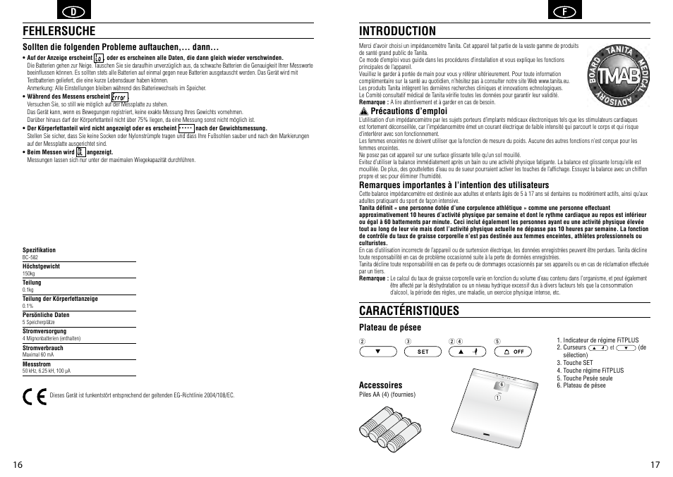 Introduction caractéristiques, Fehlersuche | Tanita BC-582 User Manual | Page 10 / 31