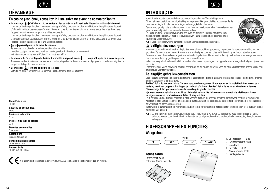 Dépannage, Introductie eigenschappen en functies | Tanita BC-582 User Manual | Page 14 / 31