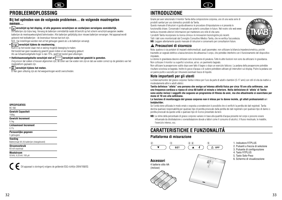 Probleemoplossing, Introduzione caratteristiche e funzionalitá | Tanita BC-582 User Manual | Page 18 / 31