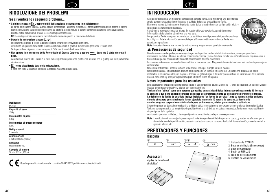 Introducción prestaciones y funciones, Risoluzione dei problemi | Tanita BC-582 User Manual | Page 22 / 31