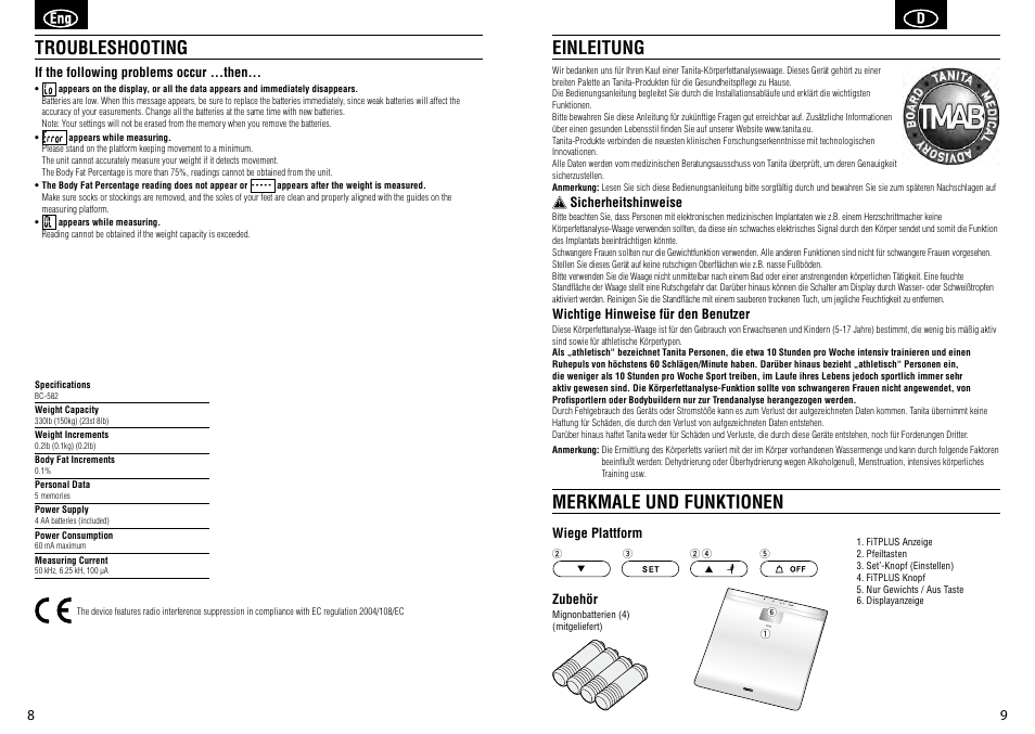 Troubleshooting, Einleitung merkmale und funktionen | Tanita BC-582 User Manual | Page 6 / 31