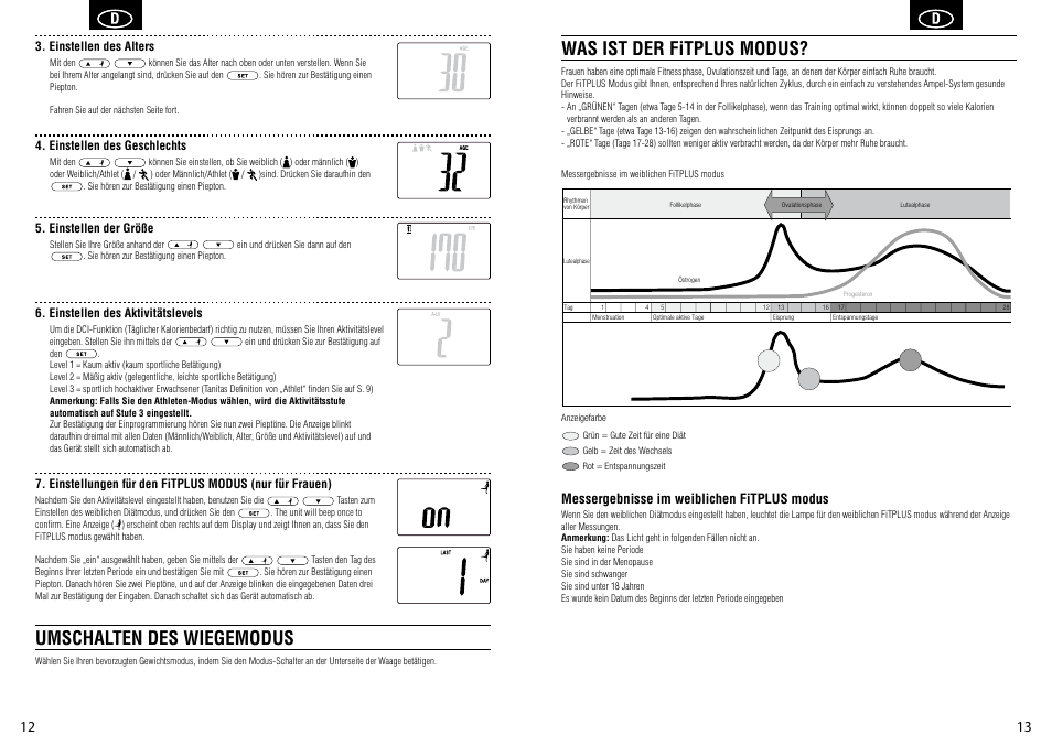 Was ist der fitplus modus, Umschalten des wiegemodus, Messergebnisse im weiblichen fitplus modus | Tanita BC-582 User Manual | Page 8 / 31