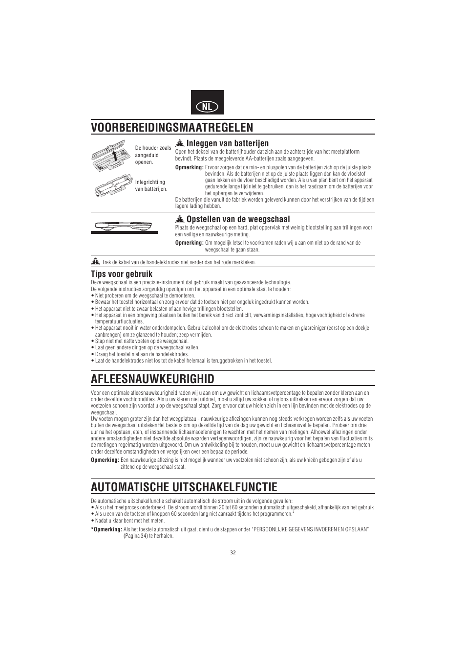 Tips voor gebruik, Inleggen van batterijen, Opstellen van de weegschaal | Tanita BC-545N User Manual | Page 34 / 84