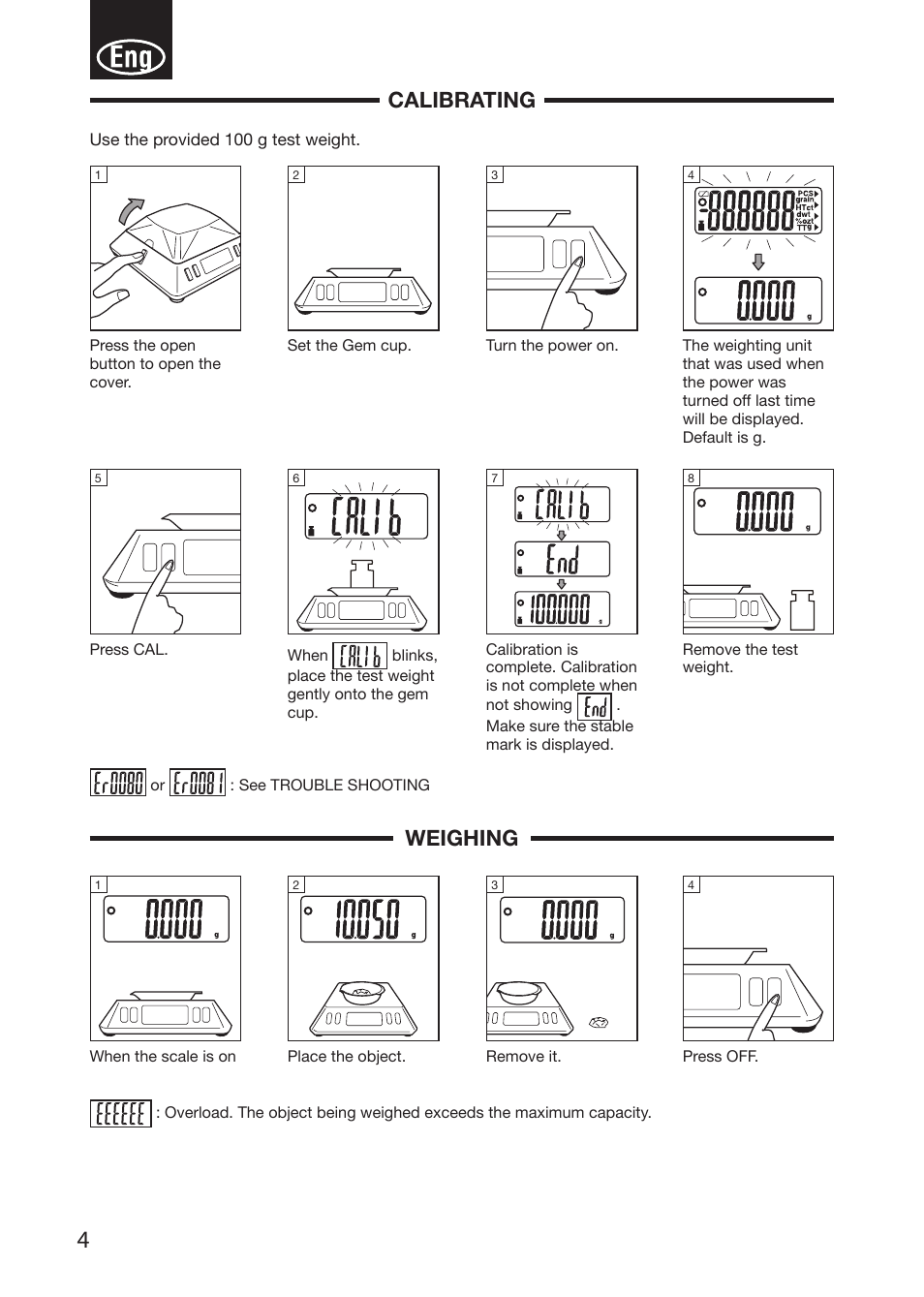 Calibrating, Weighing | Tanita KP-601 User Manual | Page 6 / 13