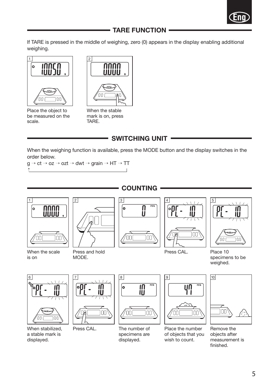 Tare function, Switching unit, Counting | Tanita KP-601 User Manual | Page 7 / 13