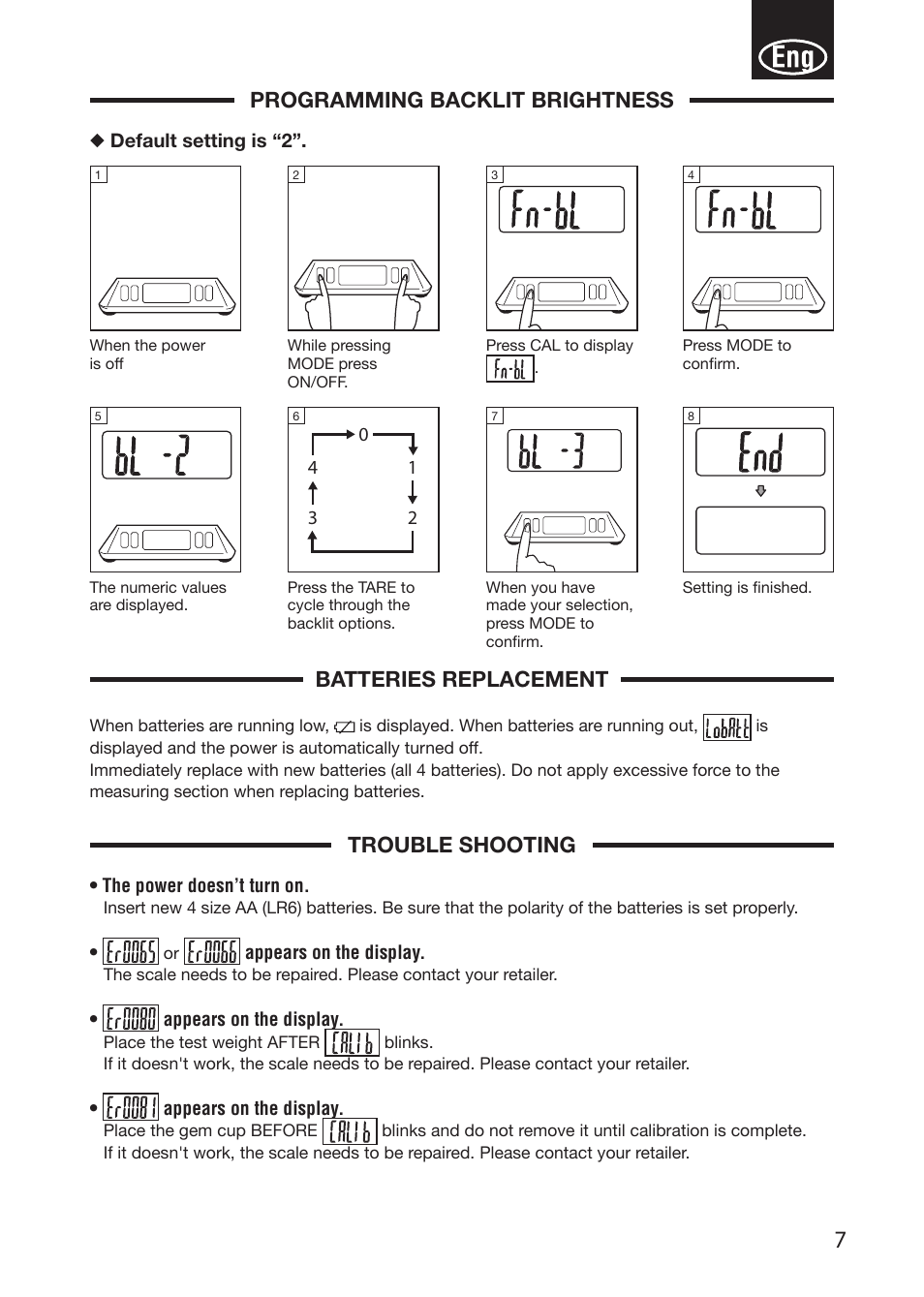 Programming backlit brightness, Batteries replacement, Trouble shooting | Tanita KP-601 User Manual | Page 9 / 13
