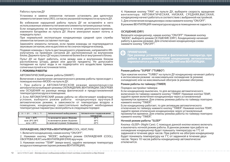 TIMBERK Corona series AC TIM...S8 User Manual | Page 12 / 16