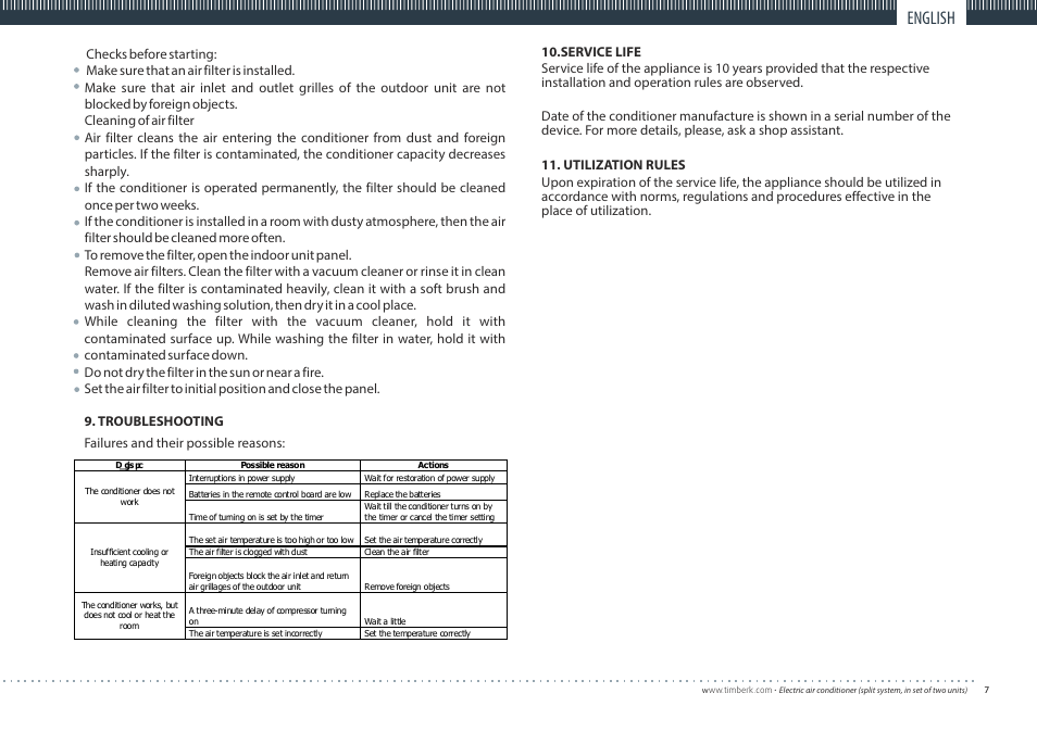 English | TIMBERK Corona series AC TIM...S8 User Manual | Page 7 / 16