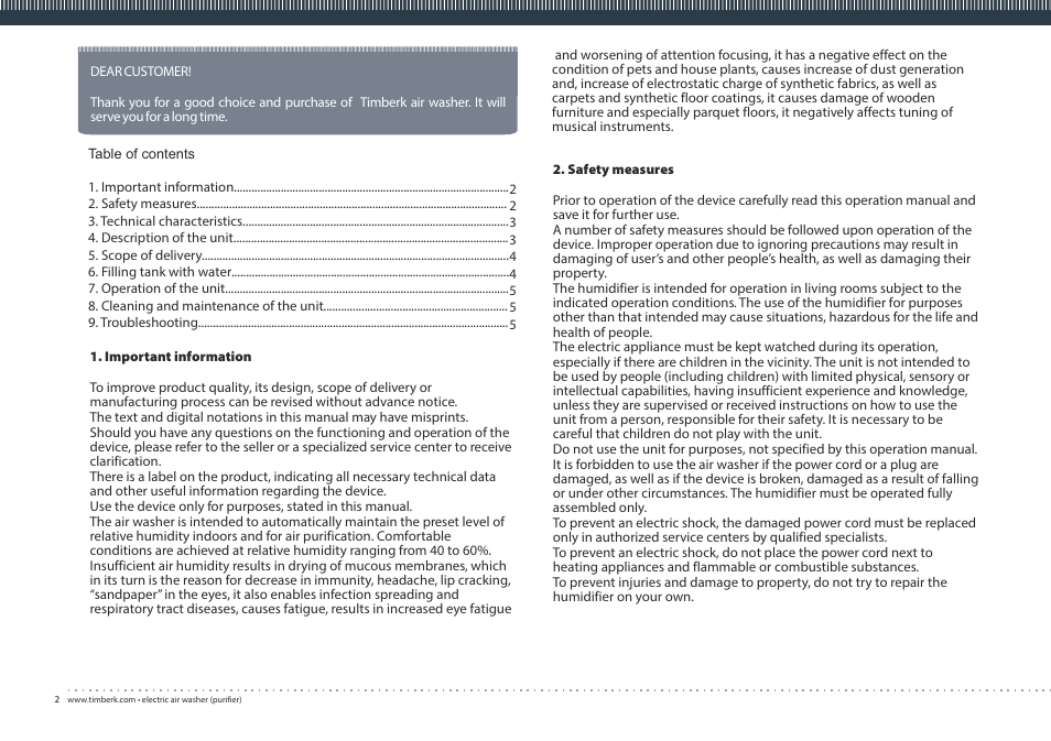 TIMBERK TAW H1 D User Manual | Page 2 / 16