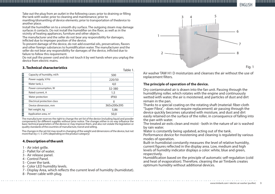 English | TIMBERK TAW H1 D User Manual | Page 3 / 16