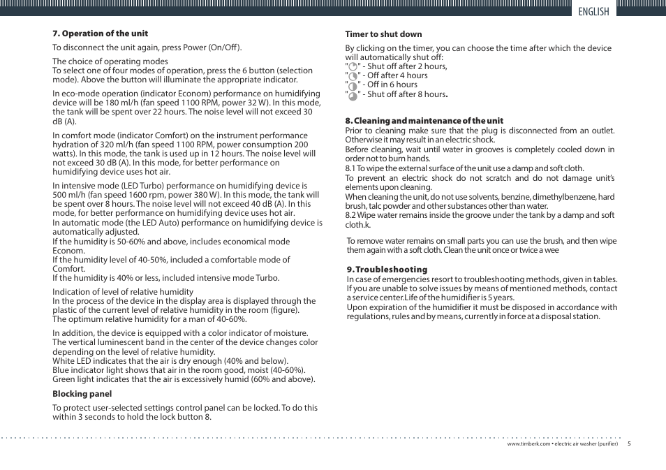 English | TIMBERK TAW H1 D User Manual | Page 5 / 16