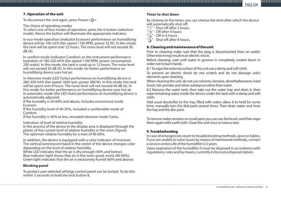 English | TIMBERK TAW H2 D User Manual | Page 5 / 16