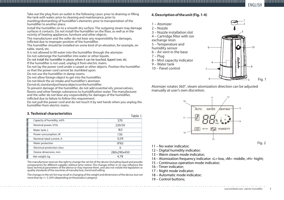 English | TIMBERK THU UL 05 series User Manual | Page 3 / 20
