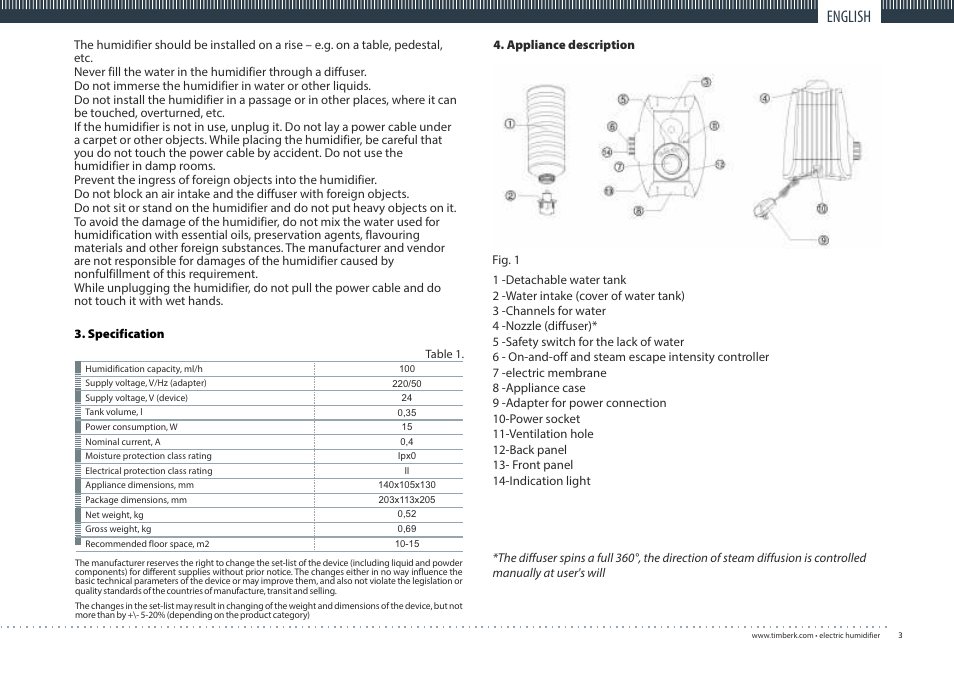 English | TIMBERK THU MINI 01 series User Manual | Page 3 / 16
