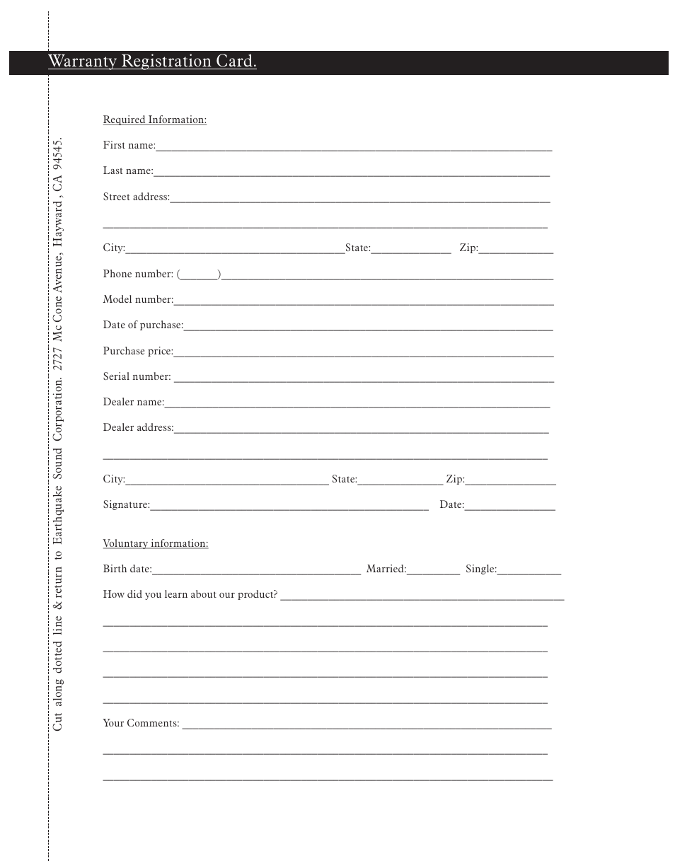 Warranty registration card | Earthquake Sound Down-Firing SUB 120 User Manual | Page 7 / 8