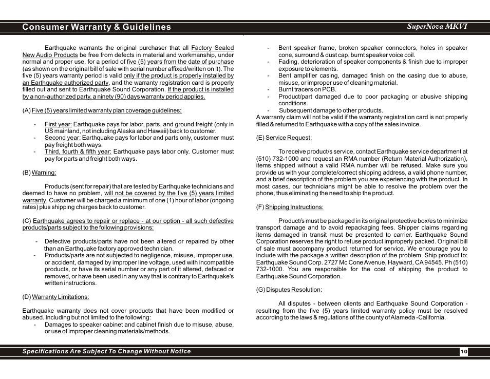 Consumer warranty & guidelines | Earthquake Sound SuperNova MKVI User Manual | Page 10 / 12